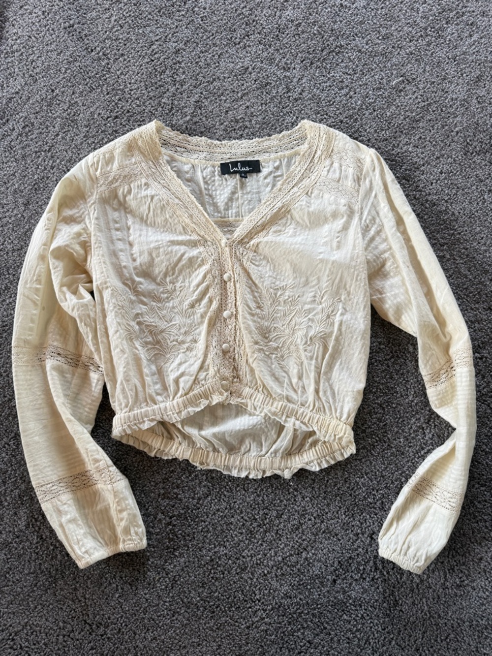 Lulu's Cream Cropped Crochet-Trim Buttoned Blouse
